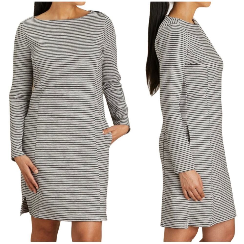 Duluth Dress Women Small Gray‎ Navy Blue Stripe Pockets 37 inches